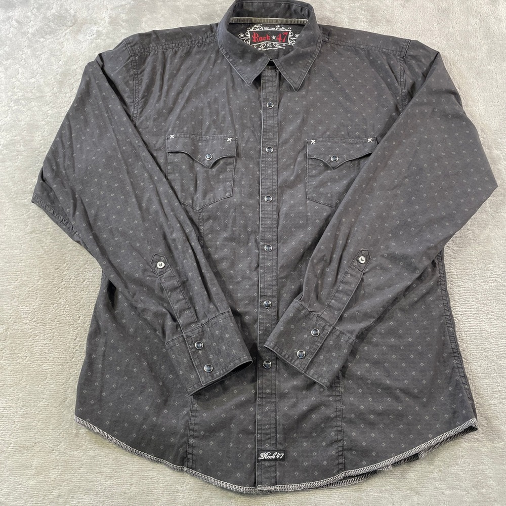 Rock 47 Wrangler Shirt Mens XL Black Skull Geometric Pearl Snap Western Flap - Picture 1 of 12